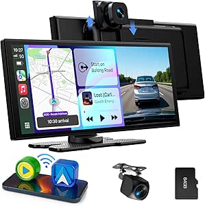LAMTTO 10.25-inch Wireless CarPlay Android Auto Display with Dashcam - Voice Assistant, Map Navigation, Bluetooth - 64GB TF Card