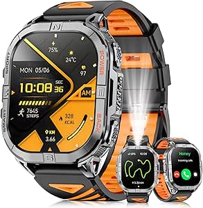 Rugged Military Smart Watch: GPS, LED Flashlight, Compass, AMOLED, Calls, Waterproof, Fitness Tracker, Heart Rate, Sleep - Men's Watch - Black