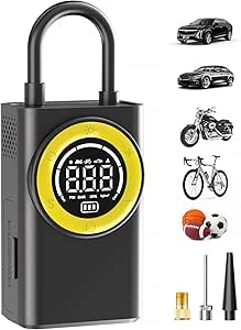 FLYKID Cordless Tyre Inflator Air Compressor, LED Light, 150 PSI, Auto Shutoff, 3 Nozzle Adapters - Cars, Bikes, Sports