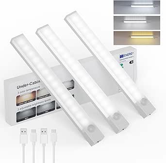 Rechargeable Motion Sensor Light 3 Color Dimmable Closet Light - USB Stick on LED Magnetic Under Cabinet Lighting, 3 Packs