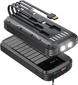 Brand Solar Charger Power Bank 40,000mAh, Fast PD 20W Charging, 4 Cables, USB-C, Flashlights - Camping Essentials