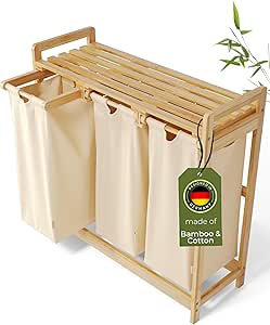 Bamboo Laundry Sorter: 3-Section Beige Hamper with Cotton Bags