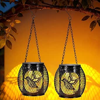 Solar Bird Lanterns 2 Pack LED Hanging Lights Garden Decor