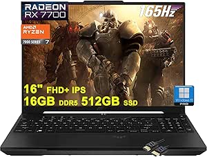 ASUS TUF Gaming A16 Laptop 16-inch FHD 165Hz Ryzen 7 8-core 16GB DDR5 512GB SSD RX7700S Graphic - Black
