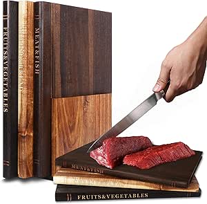 Acacia Book Cutting Board Set with Stand, Decorative Kitchen Boards - Unique Gift