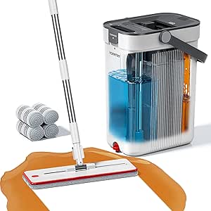 HoMettler Flat Mop and Bucket Set: 3-Compartment Wall Cleaner, 4 Microfiber Pads
