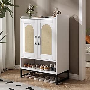 dizpusha Wooden Shoe Cabinet: 2 Rattan Doors, Adjustable Shelves