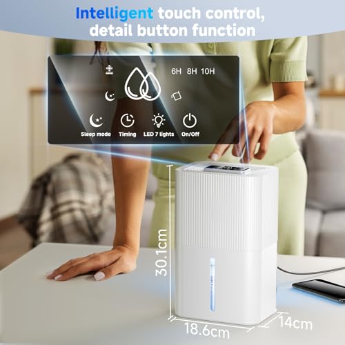 Energy Saving 2700ML Dehumidifier for Home with Quiet Operation, Auto Shut-off, LED Lights, Timer - Ideal for Bedroom, Wardrobe, Car, Bathroom - Drying Clothes