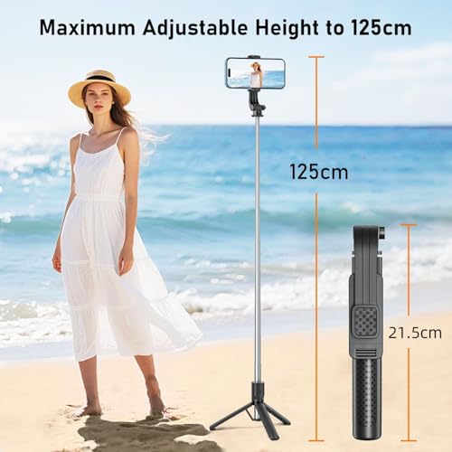 POWOMAO Telescopic Selfie Stick Tripod with Fill Light - Remote Control - Stable Tripod - iPhone/Samsung/Huawei - 125cm