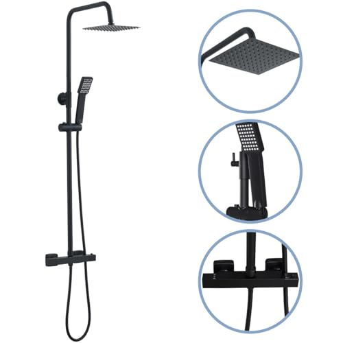 Plumbsys Black Thermostat Shower Mixer Set with Rainfall System & Handheld Shower Heads, 200mm - Stylish Upgrade for Your Bathroom