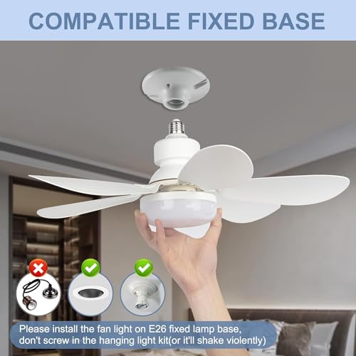 DGE E27 Socket Fan Light Combo, Silent Remote Fans with Dimmable LED, Wireless for Garage Kitchen Bedroom - Energy Class A