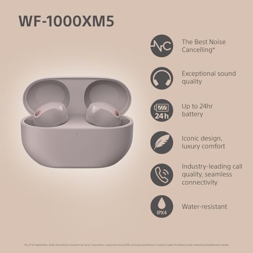 Sony WF-1000XM5 Earbuds: Wireless Noise Cancelling, Bluetooth, Mic, 24hr Battery, Quick Charge - Smoky Pink