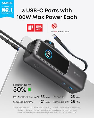 Anker Laptop Power Bank 25,000mAh Portable Charger with Triple USB-C Ports for Multi-Device Charging, Built-In Cables