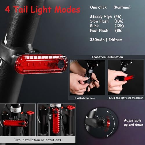 USB-C Rechargeable Bike Lights Set, 1800 Lumens Headlight & Taillight, 5 Modes, Waterproof LED for Road, Mountain & Commuter