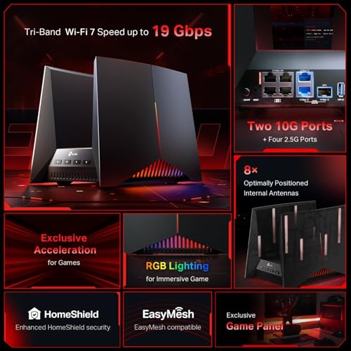 TP-Link Archer GE800 Gaming Router 7 BE19000Mbps Tri-Band WiFi, 10G Ports, Game Panel, USB 3.0, HomeShield