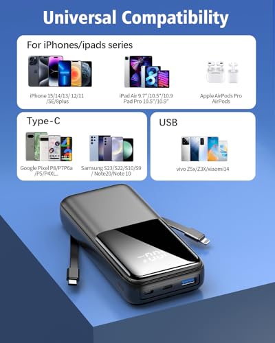 Portable Charger 15000mAh Power Bank with Built-in Cables & LED Display, Fast Charging for iPhone, Android - Black