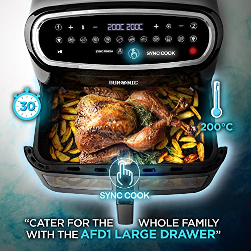 Duronic 10L Digital Air Fryer with Visual Window, Dual Zone, 10-in-1 Large Drawer - No Oil, Air Fry, Roast, Bake - Dishwasher Safe - Black