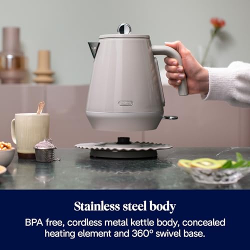 De'Longhi Eclettica 1.7L Rapid Boil Electric Kettle, Customizable Design, Anti Scale Filter, Stainless Steel, Beige
