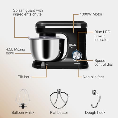 VonShef Food Mixer: 8-Speed 1000W Stand Mixer with 4.5L Bowl & Attachments