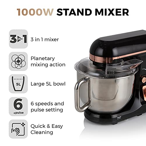 Tower 3-in-1 Stand Mixer, 6 Speeds, Pulse Setting, 1000W, 5L - Rose Gold