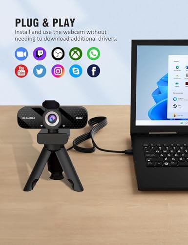 TRAUSI Webcam 1080P HD with Mic, Noise Cancellation, Privacy Cover, Wide-Angle Lens - Plug & Play USB for Laptop, Desktop - Zoom, Skype - Black