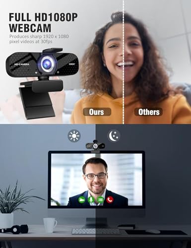 TRAUSI Webcam 1080P HD with Mic, Noise Cancellation, Privacy Cover, Wide-Angle Lens - Plug & Play USB for Laptop, Desktop - Zoom, Skype - Black