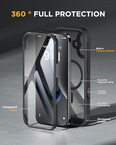 Miracase Magnetic iPhone 17 Case with Glass Screen Protector & Camera Button, MagSafe Compatible, Drop Proof Cover, 6.3-inch Black