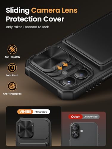 Vihibii iPhone 17 Wallet Case with Card Holder & Camera Cover, Military Grade Protection, Shockproof Silicone, Black