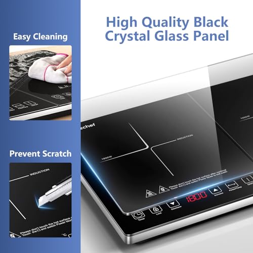 AMZCHEF Double Induction Cooker, Portable Ultra-thin Body, 10 Temp, 2800W, Safety Lock