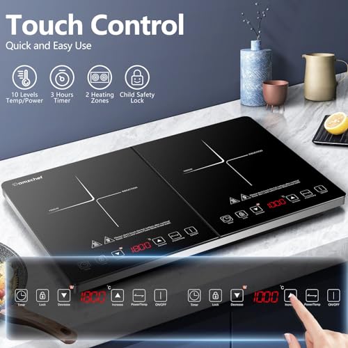 AMZCHEF Double Induction Cooker, Portable Ultra-thin Body, 10 Temp, 2800W, Safety Lock