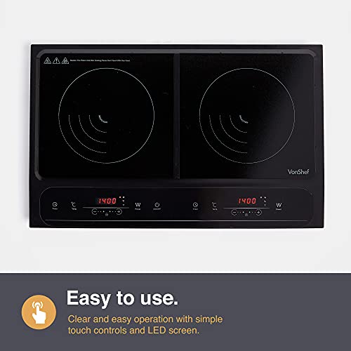 VonShef Double Induction Hob: Portable Twin Plate Electric Cooktop with LED Display, Timer - 10 Heat Settings 60-240°C