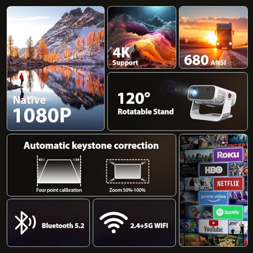 Wielio Smart Projector 1080P 4K, Android 11, WiFi 6, Bluetooth 5.2, 680 ANSI, Quiet Fan, Home Cinema iOS/Android/PS5