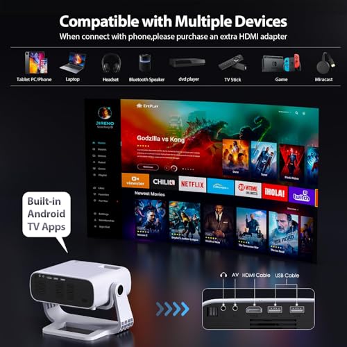 Wielio Smart Projector 1080P 4K, Android 11, WiFi 6, Bluetooth 5.2, 680 ANSI, Quiet Fan, Home Cinema iOS/Android/PS5