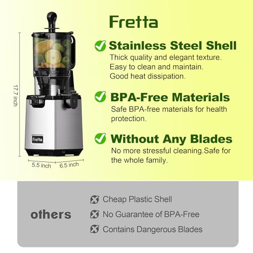Fretta Cold Press Juicer: 135MM Feed Chute, Easy Clean, High Juice Yield