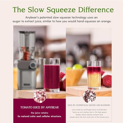 Anybear Cold Press Juicer: Masticating Slow Juicer, Large 4.3" Chute, Upgraded Auger, BPA Free, Juice Recipes