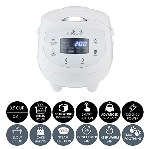 Yum Asia Panda Mini Rice Cooker - Ninja Ceramic Bowl - Fuzzy Logic - 4 Rice & Multicooker Functions - LED Display - Arctic White