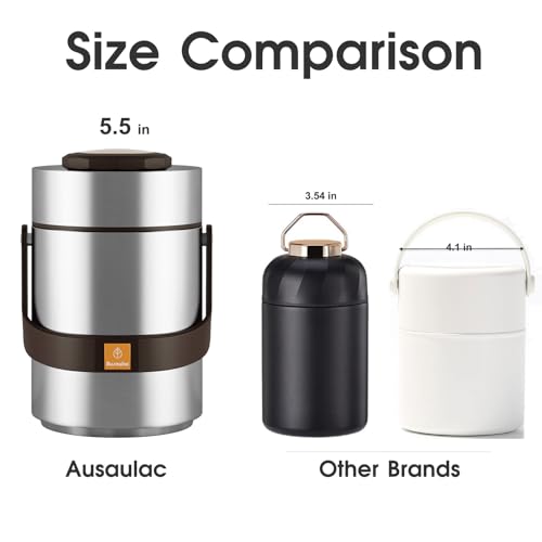 AUSAULAC Stainless Steel 3500ml Vacuum Insulated Hot Food Jar - Portable 3 Tier Bento Lunch Boxes - Wide Mouth, Keep Thermal (Silver)