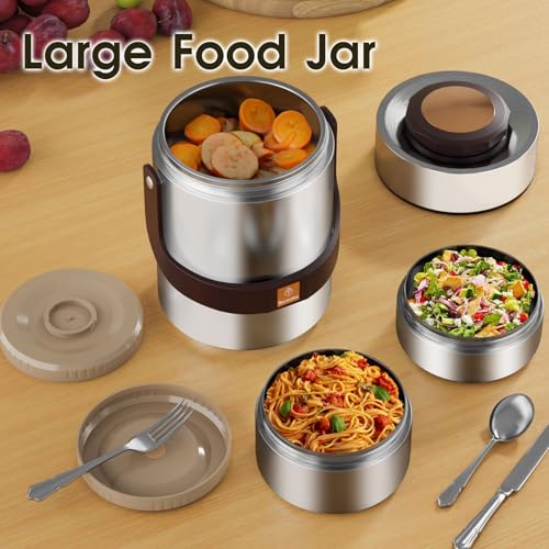 AUSAULAC Stainless Steel 3500ml Vacuum Insulated Hot Food Jar - Portable 3 Tier Bento Lunch Boxes - Wide Mouth, Keep Thermal (Silver)