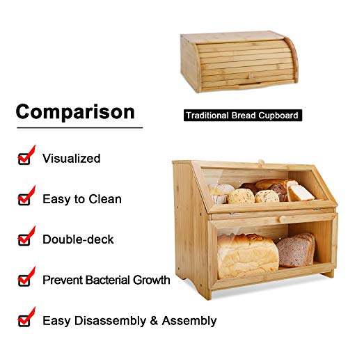 Leader Accessories Bamboo Bread Bin 2-Layer Box for Kitchen Storage - Large Capacity 15.3 x 9.8 x 12.6 inch