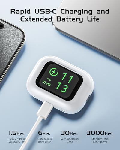 Bluetooth 5.4 Earbuds: Real-Time Translator, 147 Languages, Touch Screen, 4 Modes, ENC Mic, 30H Playtime