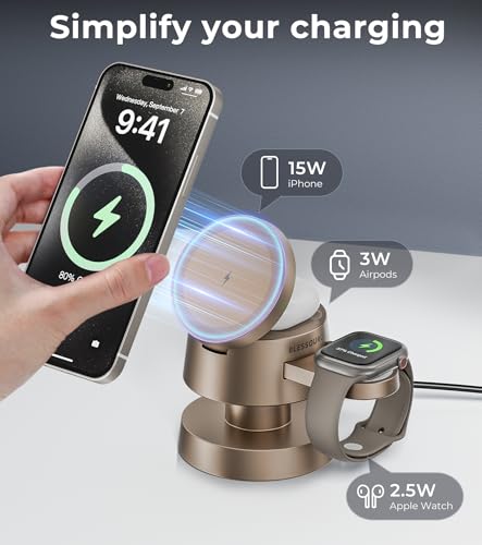 BLESSOURCE Magnetic Wireless Charger Station for iPhone, Apple Watch, AirPods - Fast Charging with Night Light - 4-in-1 Multi-Device Hub
