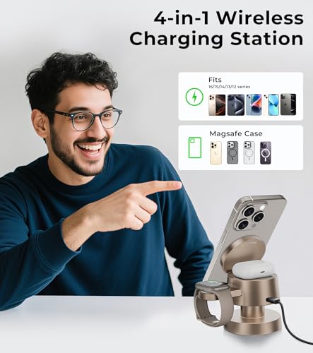 BLESSOURCE Magnetic Wireless Charger Station for iPhone, Apple Watch, AirPods - Fast Charging with Night Light - 4-in-1 Multi-Device Hub