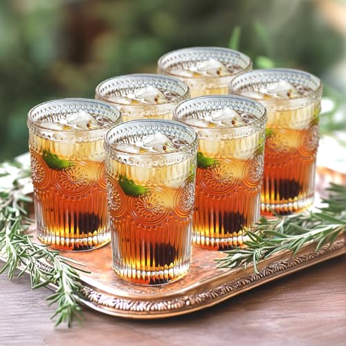 ZhouZGlass 6 Pack 12oz Drinking Glasses Set, Romantic Flower Design, Juice Cups for Cocktails, Home & Bar