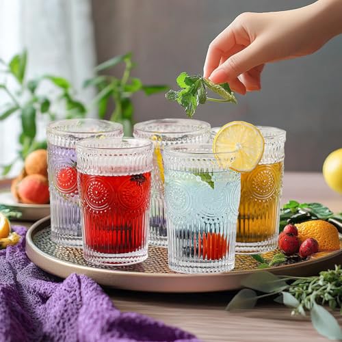 ZhouZGlass 6 Pack 12oz Drinking Glasses Set, Romantic Flower Design, Juice Cups for Cocktails, Home & Bar