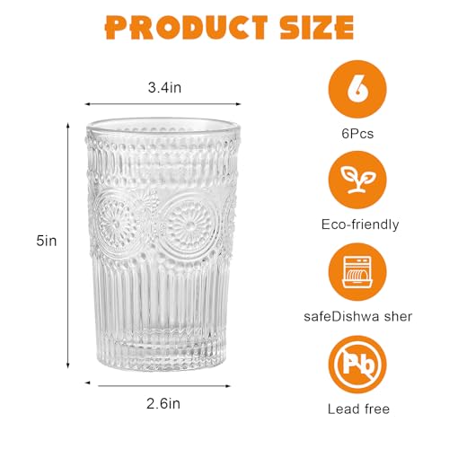 ZhouZGlass 6 Pack 12oz Drinking Glasses Set, Romantic Flower Design, Juice Cups for Cocktails, Home & Bar