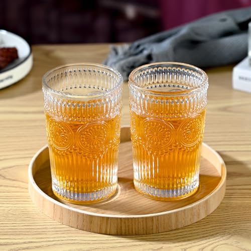 ZhouZGlass 6 Pack 12oz Drinking Glasses Set, Romantic Flower Design, Juice Cups for Cocktails, Home & Bar