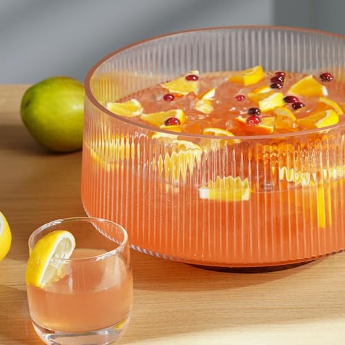 NiHome Glass Salad Bowl, Acacia Wood Base, Ribbed Design, Oversized Capacity for Family Dinners & Parties, Multipurpose Serving