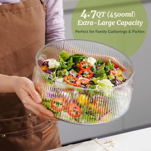 NiHome Glass Salad Bowl, Acacia Wood Base, Ribbed Design, Oversized Capacity for Family Dinners & Parties, Multipurpose Serving