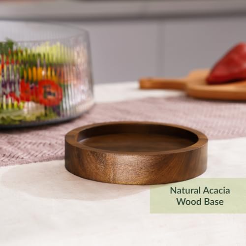 NiHome Glass Salad Bowl, Acacia Wood Base, Ribbed Design, Oversized Capacity for Family Dinners & Parties, Multipurpose Serving