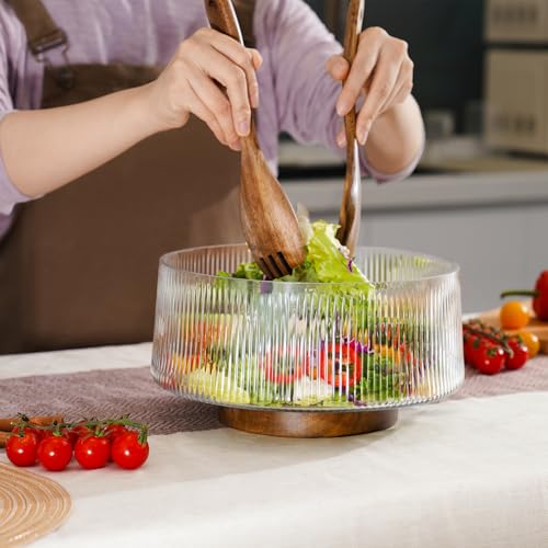 NiHome Glass Salad Bowl, Acacia Wood Base, Ribbed Design, Oversized Capacity for Family Dinners & Parties, Multipurpose Serving
